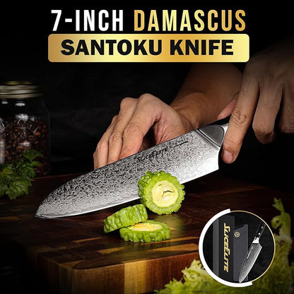 SliceElite Elite Series 7 Inch Santoku Knife VG10 Damascus Steel G10 Handle Dual Protection Cutting Kitchen Tool Sharp Vegetable Meat Chopping BBQ Chef Slicing Cleaver Cooking Camping Butcher Gift