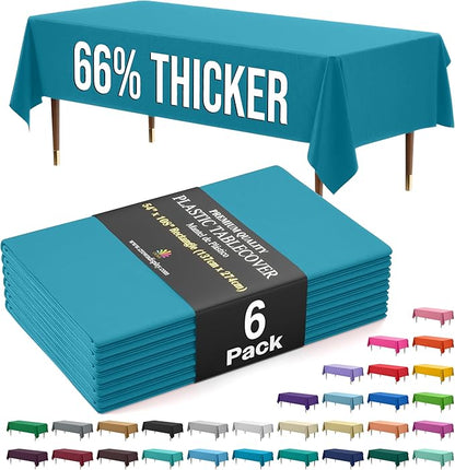 Exquisite 66% Thicker Premium Plastic Table Cloth Rectangle Table Cover 0.5 Mil 6 Pack Turquoise Table Cloth 54 Inch x 108 Inch Disposable Tablecloth Won't Tear Easily Like Cheap Thin Brands