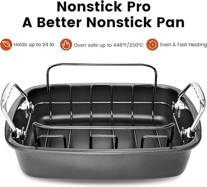 Nonstick Roasting Pan with Rack, Turkey Roasting Pan for Oven, Large Roaster Pan with Handle for Chicken, 17 X 13 Inch, Carbon Steel, Dark Grey