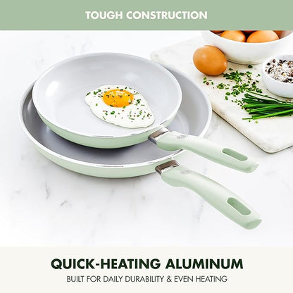 GreenPan Dover 8” & 10” 2 Piece Frying Pan Skillet Set, Non-Toxic PFAS-Free Ceramic Nonstick Coating, Sear Saute Fry Egg Omlete, Dishwasher & Oven Safe, Stay Cool Handle, Easy Pour Rims, Pastel Green