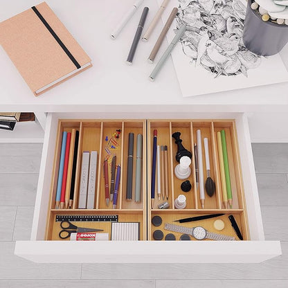 BAMEOS Utensil Drawer Organizer, Cutlery Tray Desk, Silverware Holder Kitchen Knives Tray, 100% Pure Bamboo Cutlery in Natural Color (9.75)