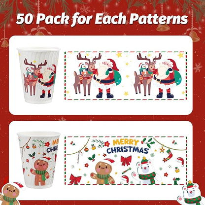 Christmas 100 Pack Coffee Cups with Lids 12oz, Disposable Insulated Ripple Wall To Go Paper Coffee Cups for Hot/Cold Drinks Office Home Shop Event