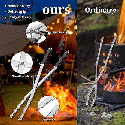 Heavy Duty Fire Tongs Firewood Grabber Tool with Scissor Shape Serrated, Bonfire, Campfire Fire Pit Log Claw Tongs (Silver)