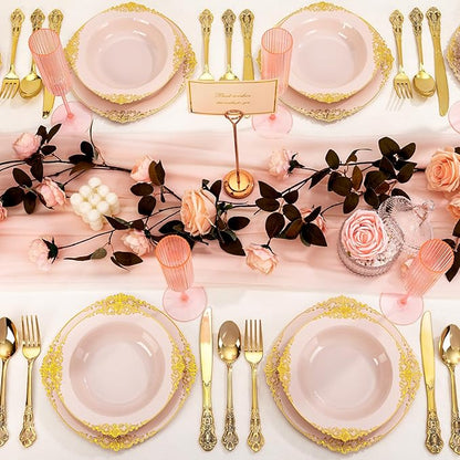 100PCS Pink Plastic Bowls - 12 oz Pink Gold Disposable Salad Bowls - Heavy Duty Disposable Soup Bowl - Fancy Plastic Ice Cream Bowl for Weddings Parties Dinners Picnics