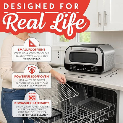 Gourmia Indoor Pizza Oven Air Fryer Toaster – 1800W Countertop Multi-Cooker with Pizza Stone, Digital Controls & 6 Presets, Stainless Steel