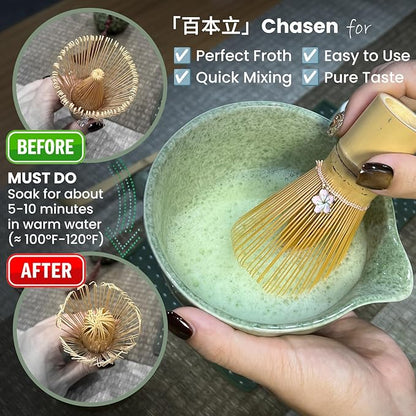 Matcha Whisk Set Incl. Ceramic Bowl With Spout, Whisk (Chasen), Stand, Bamboo Scoop, Sifter, Electric Frother, Tea Towel etc. 9 Pcs Matcha Making Starter Kit, Mottled Green