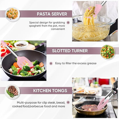 TeamFar Kitchen Utensils Set of 8, Silicone Utensils Kitchen Tools Set with Stainless Steel Handle, for Frying Serving Flipping Draining, Non-toxic & Heatproof, Nonstick & Dishwasher Safe - Pink