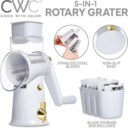 COOK WITH COLOR Rotary Cheese Grater with Handle - Counter Cheese Grater Suction Base with Hand Crank - 5 Blade Cheese Shredder - Easy to Use Manual Vegetable Chopper and Mandolin