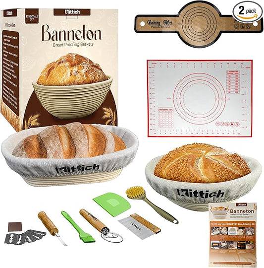 KITTICH Banneton Bread Proofing Basket with Essentials Set, 10 Inch Oval and 9 Inch Round Rattan Baskets with Linen Liners, Perfect for Sourdough Starter Kit - Sourdough Bread Baking Supplies