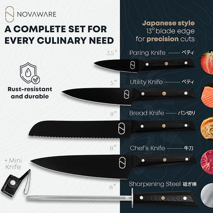 NOVAWARE 5 Pc Kitchen Knife Set – Ultra Sharp 60 HRC Chef Knife Sets, Black Titanium Coated Steel, Ergonomic G10 Handles – Chef Knives Without Block + Mini-Knife, Professional Knives Set for Kitchen