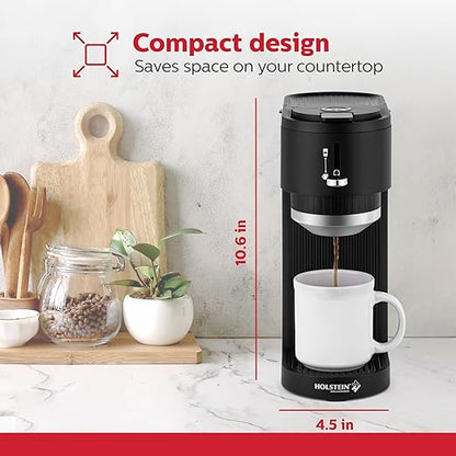 Holstein Housewares 2-in-1 Single Serve Coffee Maker, Dual Brew, Compatible with K-Cup Pods & Ground Coffee, Reusable Filter Included, Compact Drip Coffee Machine, 14oz Tank, Fits Most Cups - Black