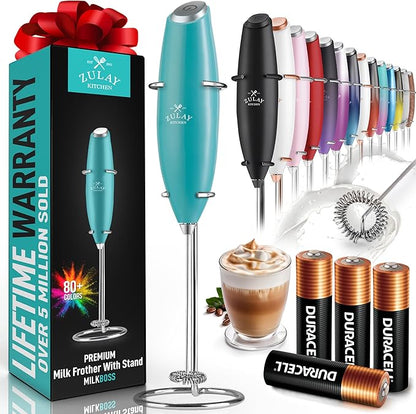 Zulay Kitchen Powerful Milk Frother Wand With 4 AA Duracell Batteries - Ultra Fast Handheld Drink Mixer - Electric Whisk Foam Maker for Coffee, Lattes, Cappuccino, Matcha & Creamer