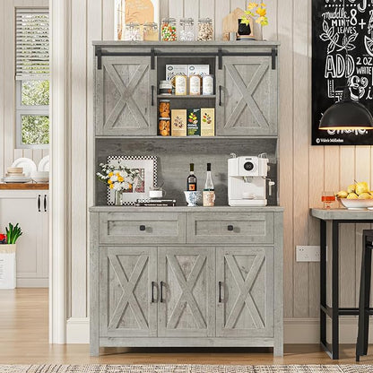 67.7 Inch Farmhouse Pantry Storage Cabinet with Sliding Barn Doors, 2 Drawer Farmhouse Coffee Cabinet with Adjustable Shelf, Side Board with Buffet Cupboard Livingroom Kitchen, Grey