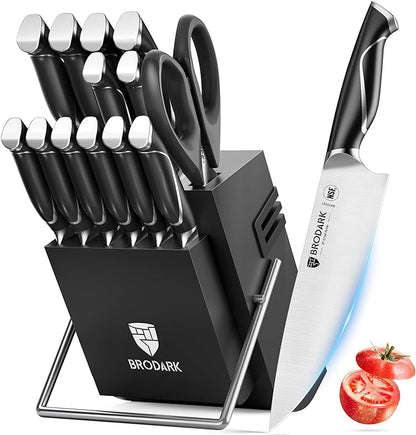 BRODARK Kitchen Knife Set with Block and Sharpener, 15 Pcs Sharp Knives Set for Kitchen, Christmas, Stainless Steel Full Tang Knife Block Set, Ergonomic Handle Professional Chef Kitchen Knives Sets