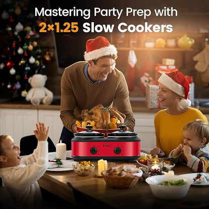 KOOC Double Small Slow Cooker, Buffet Server and Warmer, 2 Mini Pots with 3 Individual Adjustable Temp, Dual Ceramic Pots, Free Liners for Easy Clean-up, Stainless Steel, Total 2.5 Quart, Red, Round