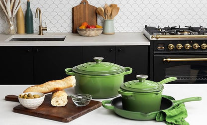 Larder & Vine 5-Piece Enameled Cast Iron Cookware Set - Includes 5.7 Quart Dutch Oven with Lid, 10.25 Inch Skillet, 2.2 Quart Saucepan with Lid (Okra)