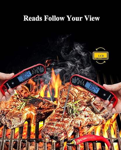 Wisebee Meat Thermometer Digital, 0.5 Sec Instant Read Waterproof Food Thermometer with 180°Auto-Rotate Backlit Display | Anti-Slip Handle | Magnetic Back | Hold Function for Cooking, Red