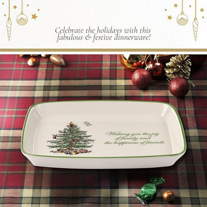 Spode Christmas Tree Rectangular Sentiment Tray (7" x 5") - Festive Earthenware Serving Plate for Holiday Snacks, Side Dishes, Treats, Durable Christmas Tableware - Microwave & Dishwasher Safe