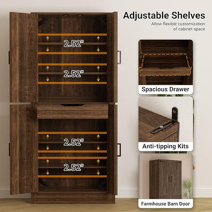 Unikito Kitchen Pantry Cabinet with Farmhouse Barn Doors and Storage Drawer, 8 Adjustable Shelves, Freestanding Tall 71" Cupboard for Dining Room, Living Room, Utility Room, Weathered Brown 2 Pack