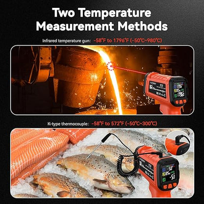 Infrared Thermometer Temperature Gun -58°F to 1796°, 16:1 Non Contact Laser Thermometer Gun with Thermocouple Probe for Humidity, Pizza Oven, Griddle, Ir Temp Gun for Home and Industry Repair