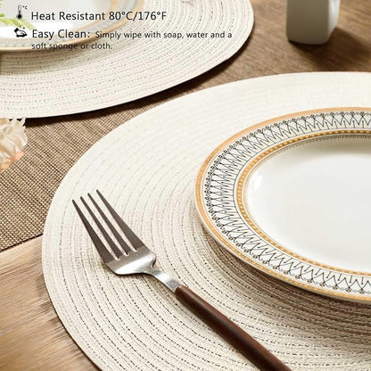 FunWheat Round Braided Placemats Set of 6 Place mats for Dining Tables Woven Heat Resistant Table Mats 15 inch (Ivory,6pcs)