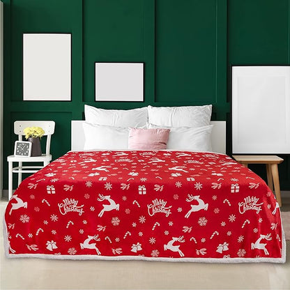 PAVILIA Premium Christmas Sherpa Throw Blanket | Christmas Decoration Gift, Fleece, Plush, Warm, Cozy Reversible Microfiber Holiday Blanket | Red Reindeer - 60x80 Twin
