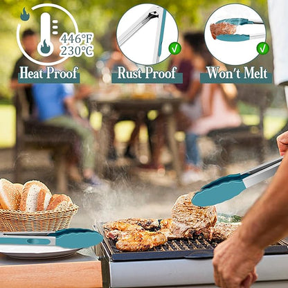 TeamFar Kitchen Tongs, 9" and 12" Stainless Steel Cooking Tongs with Silicone Tips for Cooking Grilling Serving & BBQ, Heat Resistant Silicone Tongs, Locking Design & Dishwasher Safe, Set of 2 & Blue