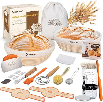 SORON Sourdough Starter Kit, Banneton Bread Proofing Basket with Glass Sour Dough Starter Jar, Sourdough Bread Baking Supplies Tools, 9" Round & 10" Oval Banneton Baskets, Gift Set for Homemade Making