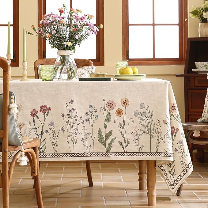 ISAENNE Designer Off White Linen Table Cloth for Rectangle Table,Floral Elegant Tablecloth,Stain Resistant Vintage Decor Tablecloths for Dining Thanksgiving Kitchen,55"*79"-Serenity G