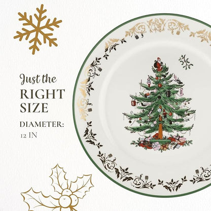 Spode Christmas Tree 12" Gold Round Serving Platter - Porcelain Serving Plate for Holiday Snacks, Appetizers, Buffet Displays - Microwave & Dishwasher Safe - Elegant Holiday Tableware