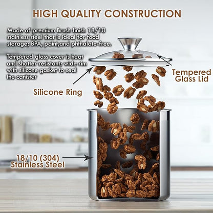 Cooks Standard Stainless Steel Food Jar Storage Canister Set Large 4-Piece, 1.6qt/2.5qt/3.5qt /5qt Airtight Containers with Glass Lid for Tea Coffee Sugar Flour Pantry Kitchen Counter