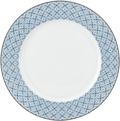 Portmeirion Home Mallorca 16 Piece Porcelain Dinnerware Set with Blue Geometric Border, 4 Place Settings - Ideal for Weekday Meals, Casual Brunches, Relaxed Dinner Parties, Small Family Celebrations