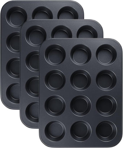 Muffin-Pan for Baking, Nonstick Cake Pan 12 Cups, 3 Pack Cup Premium Cheesecake Pans, Cupcake Baking Pan for Oven 13.2 * 10 * 1.1in Black