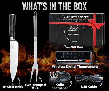 Wireless Meat Thermometer Digital BBQ Set, 5.3 Bluetooth and WiFi connectivity 800ft APP Control (iOS&Android) with Chef Knife, Fork, Meats Temperature Probe, Grilling, BBQ Gift for Men