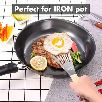 HOTEC 2pcs Stainless Steel Wooden Handle Fish Spatula, Metal Spatula Flipping Foods