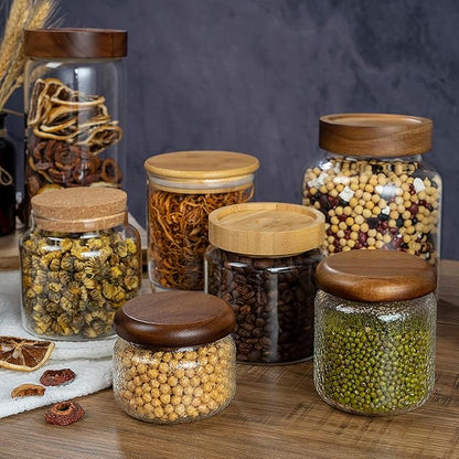 1PC Small Glass Storage Jars with Airtight Lids, 18 fl oz (550ml) coffee container with Wooden Lid, Glass Pantry Canister for Beans, Rice, Sugar and etc