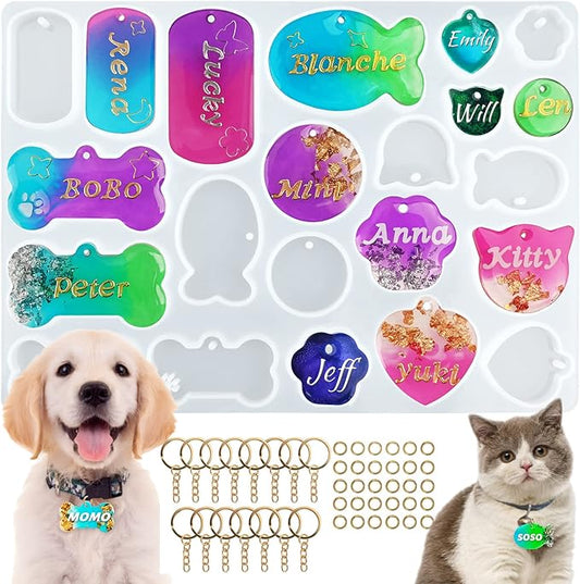 Actvty Pet Tag Resin Mold Silicone, Dog Tag Molds for Resin, Dog Bone Cat Shaped Keychain Silicone Resin Molds with 15Pcs Keychains DIY Crafts Making Tag Charm Pendant