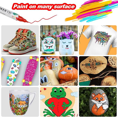 12 Colors Acrylic Paint Pens, Dual Tip Acrylic Paint Markers for Paper, Wood, Canvas, Stone, Rock Painting, Glass, Fabric, DIY, Ceramic, Art Supplies for Kids and Adults Drawing (Dot + Fine)