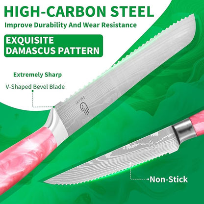 FULLHI 14pcs Block Knife Set, Chef's Knife Steak Knives Set with Block and Sharpener, Kitchen Knife Set, Multi-colour Handle, Gifts for Men Women