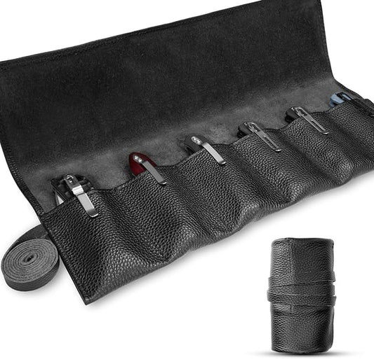 Real Leather Pocket Knife Roll with 6 Slots – Folding Knife Display Bag, Tactical Outdoor EDC Storage Protector, Compact Mini Case for Knives