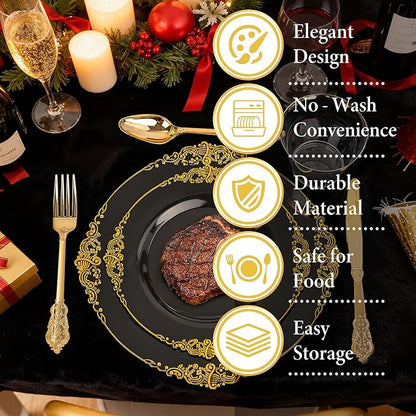 Nervure 350PCS Black Plastic Plates - Black Plastic Dinnerware Sets for 50 Guests - 100 Disposable Plates, 150 Gold Silverware, 50 Cups, 50 Napkins for Wedding & Party & Halloween