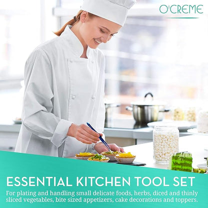 O'Creme Blue Stainless Steel Precision Kitchen Culinary Fine-Tip Tweezer Tongs, 1 Curved and 1 Straight