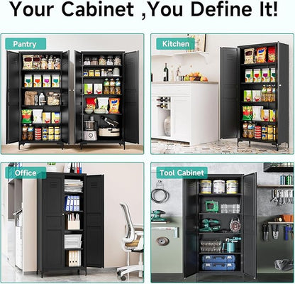 SISESOL Metal Storage Cabinet with Doors and Shelves,Black Storage Cabinet with Leg,Metal Pantry Cabinets,Ventilated Pantry Closet,Tall Large Cupboard for Home,Kitchen,Dining/Living/Laundry Room