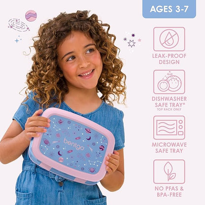 Bentgo Kids Prints Leak-Proof, 5-Compartment Bento-Style Kids Lunch Box - Ideal Portion Sizes for Ages 3-7, Durable, Drop-Proof, Dishwasher Safe, & PFAS & BPA-Free Materials (Lavender Galaxy)