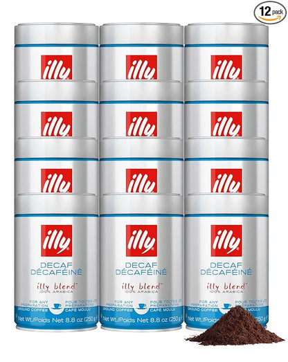 Illy Ground Espresso Coffee, Decaffeinated - Medium Roast - Mild & Balanced - 100% Arabica - Pre-Ground for Espresso - Pressurized Packaging Sealed for Freshness- 8.8oz (Pack of 12)