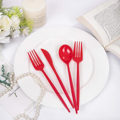 PULOTE 150PCS Red Plastic Silverware Set - Heavy Duty Plastic Cutlery - Red Utensils Disposable Include 50 Forks, 50 Spoons, 50 Knives for Party, Wedding & Mother’s Day