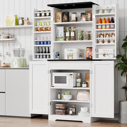 Vongrasig Kitchen Pantry Storage Cabinet with Barn Doors, Drawer and Adjustable Shelves, 6-Tier Tall Rustic Wood Cupboard Locker for Kitchen, Dining Room, Living Room, Bathroom, (White)