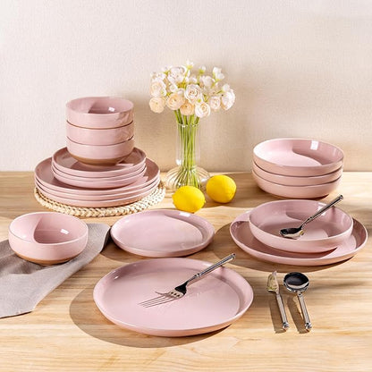 AmorArc Ceramic Dinnerware Sets for 8, 24 Pieces Handpainted Speckled Plates and Bowls Set with Rustic Terracotta Underside, Scratch Resistant Stoneware Dishes Set, Dishwasher & Microwave Safe, Pink
