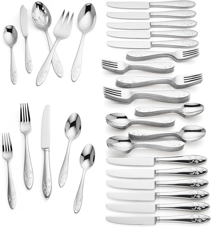 Lenox Silverware Set For 12, Butterfly Meadow 65-Piece Flatware Set, Service For 12, 18/10 Stainless Steel, Dishwasher Safe, Butterfly and Flower Motif, Includes Serving Utensils (Silver, 65 Piece)