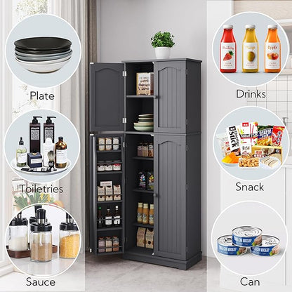 Yusong 64'' Grey Kitchen Storage Cabinet, Tall Pantry Cabinet with Doors and Shelves, 17 Cubic Feet, Freestanding for Kitchen, Dining, Living Room